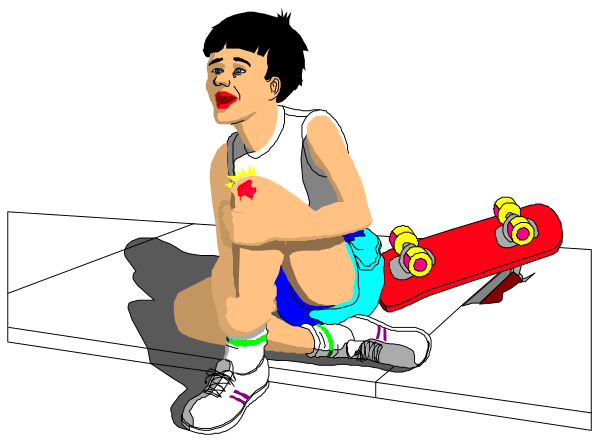 The cartoon shows a young man sitting on his skateboard with an injured leg while holding onto it for support; he is wearing shorts and sneakers, has dark hair, and appears to be in pain from his injury.