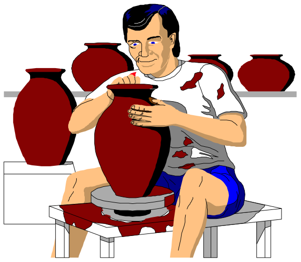The image shows a man sitting at an easel with several vases around him; he is holding up his hands as if to showcase them while looking directly into one of the larger ones in front of him, which appears cracked and damaged on its side.