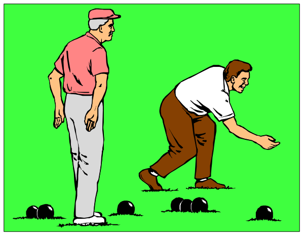 The image shows a scene from an animated video game featuring two characters: on the left is a man wearing brown pants who appears to be in motion as if he's just thrown something; next to him stands another character, also male and dressed similarly but with his back turned towards us, seemingly observing or waiting for what was thrown. They are both standing near bowling pins that have been knocked over onto the ground behind them. The background is a simple green color without any additional details visible in this clip-art image.