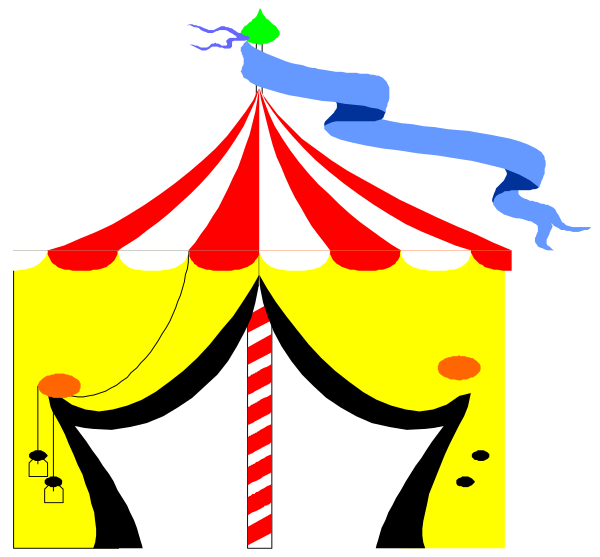 The image shows a colorful circus tent with red poles on top of it set up next to an open yellow box that has two small black figures inside hanging from strings attached to hooks at each corner.