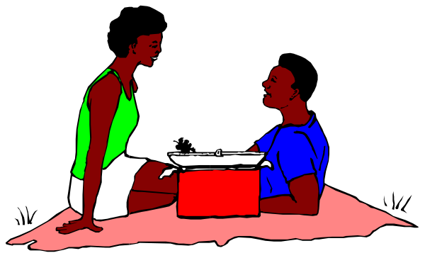 The image shows a man sitting on an orange blanket with his back to us while facing another person who is also seated but turned towards him; between them sits a red pot that appears to be boiling water.