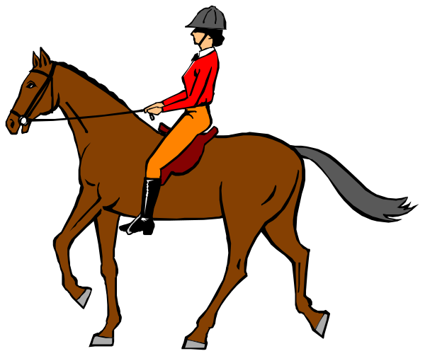 The black and white illustration shows a person riding on horseback with reins held by their hands while wearing traditional equestrian attire such as boots in stirrups, breeches, jacket, helmet, gloves, and spurs; there is no visible text or additional context provided within the image.