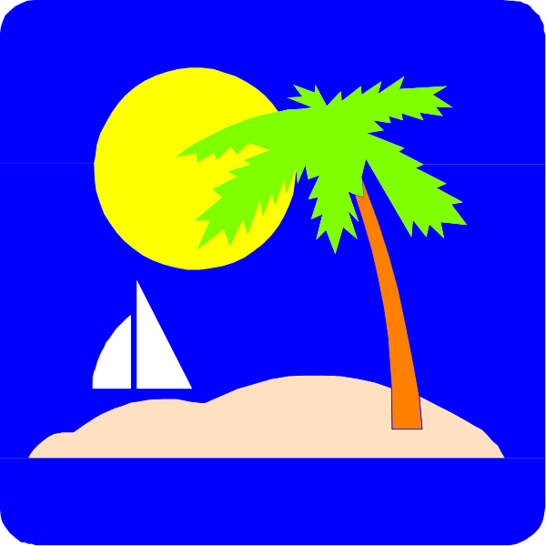 The image shows a stylized depiction of an island scene with palm trees on either side under a blue sky at sunset, featuring silhouettes against a yellow background that include two sailboats in front and one behind them near the horizon line where the sun is setting or rising; there's also a small boat floating by itself.