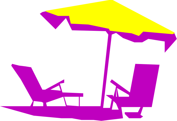 The image shows a purple umbrella on top of an orange chair with two white chairs beside it under what appears to be night sky background.