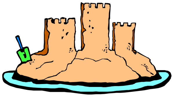 The image shows a cartoon depiction of an island with three towers on it surrounded by water; there is also a small figure standing in front of one tower holding what appears to be a sword.