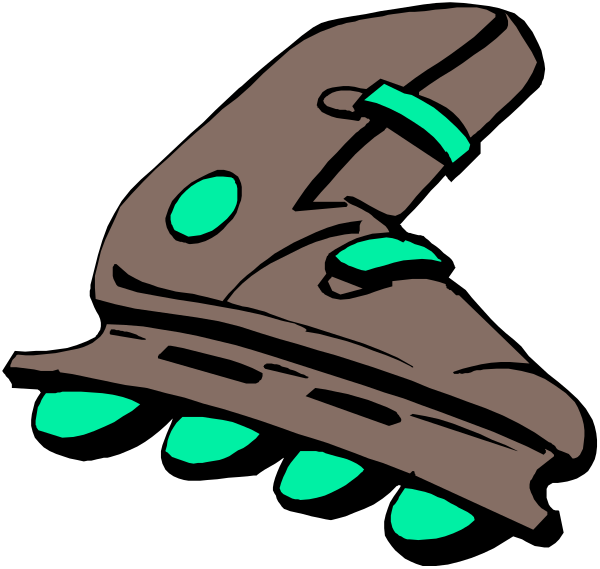 The black and white illustration shows a single roller skate with green wheels on it against an unseen background.