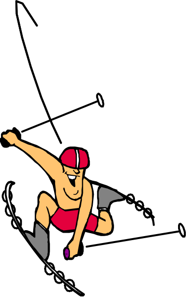 The image shows a person on skis jumping over an obstacle with their arms outstretched for balance.