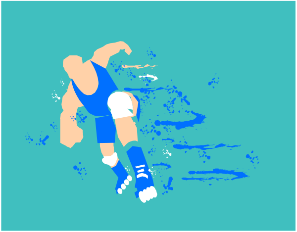 The image shows a pixelated animation of an athlete running with motion blur around them on what appears to be a track in front of a blue background.