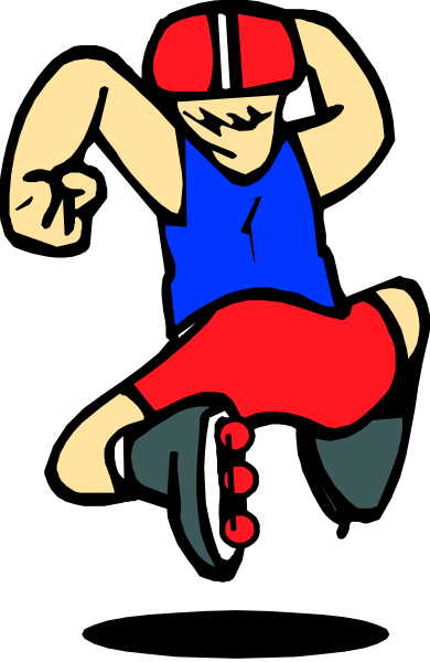 The image shows a cartoon of an animated character on roller skates with red shorts riding downhill against a black background.