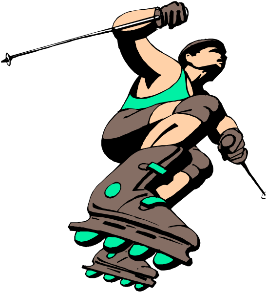 The black and white illustration shows a person on roller skates performing an action pose with their arms outstretched as if in motion.