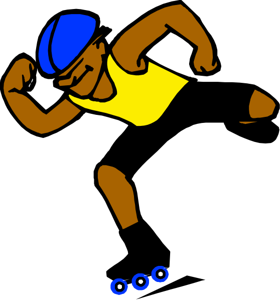The cartoon shows a person wearing roller skis with their arms outstretched as if running on them against a black background.