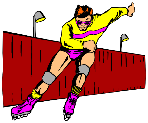 The image shows a cartoon of an ice skater wearing rollerblades on his feet while riding down what appears to be a ramp at nighttime with lights illuminating it from above.