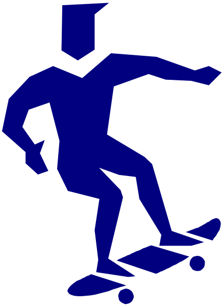 The image shows a blue silhouette of an athlete on skis with outstretched arms against a white background.
