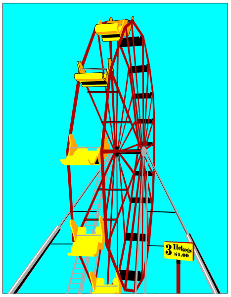 The image shows a Ferris wheel with three levels of seating on top against an empty blue sky background.