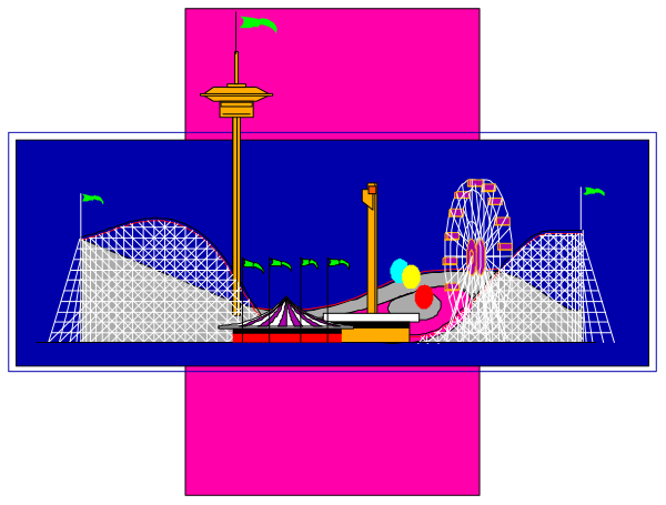 The image shows a colorful cartoon of an amusement park at night with various rides including roller coasters, ferris wheels, carousels, and other attractions such as boats on water slides; there is also a pink sky background that suggests it's evening or dusk.