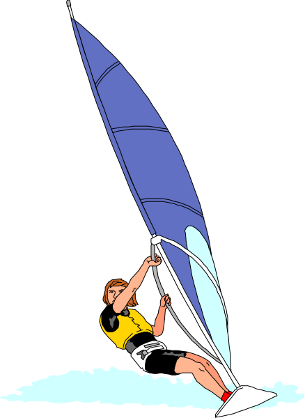 The illustration depicts a person on water skis being pulled by an outboard motorboat with blue sails.