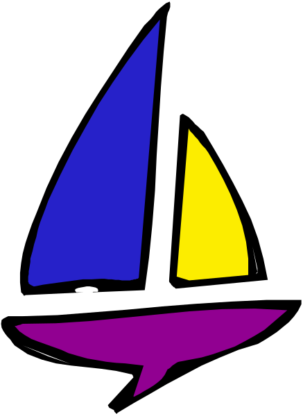 The image shows a stylized sailboat with purple sails on top of what appears to be an abstract background that includes shades of blue, yellow, pink, and white.