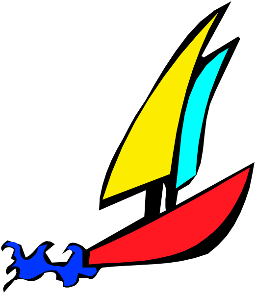 The image shows a black background with two sailboats depicted: on top is an orange boat pointing to its right side; below it is a red boat facing towards us.