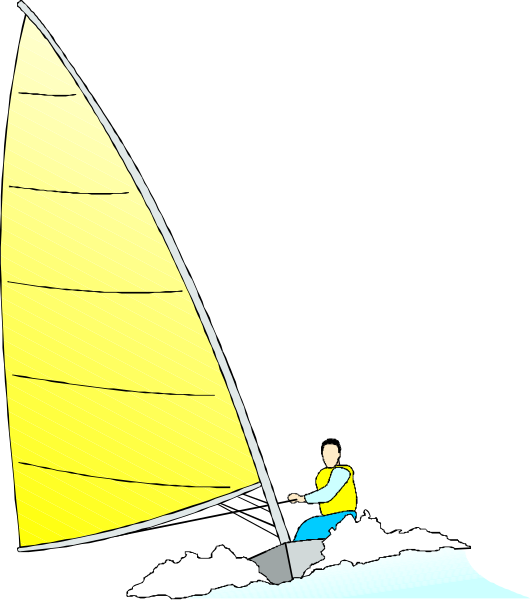 The illustration shows a person sailing on water with yellow sails inside of an open boat hull against a black background.