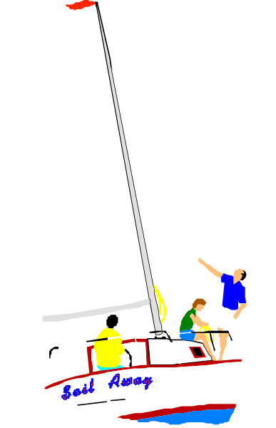 The illustration shows a sailboat with two individuals on board; it's depicted against an ocean backdrop under clear skies.