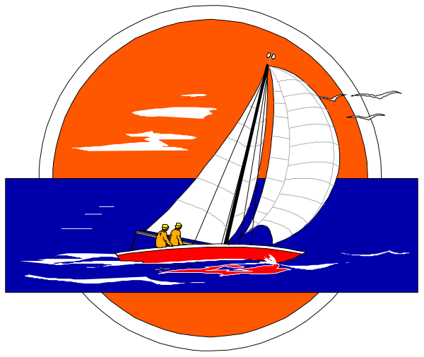 The image shows a sailboat on water with two sails under blue sky during sunset; there is no text present in this clip-art illustration.