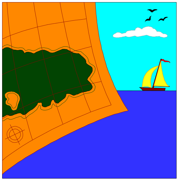 The image shows two panels of a comic strip featuring maps with an island labeled "Hawaii" on them; in one panel there is no boat present while in another panel there's a sailboat depicted near the landmass, and both have birds flying above each map.