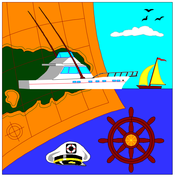 The image shows two panels with a nautical theme:

1) In the left panel, there is an illustration of a large yacht on water surrounded by various boats including sailboats in different sizes and styles; it's docked at what appears to be a marina. There are also birds flying above the scene under blue skies with some clouds scattered across them.
2) In contrast, the right panel depicts an empty map of Europe without any landmarks or geographical features visible on its surface. The only objects in this image include compass roses and