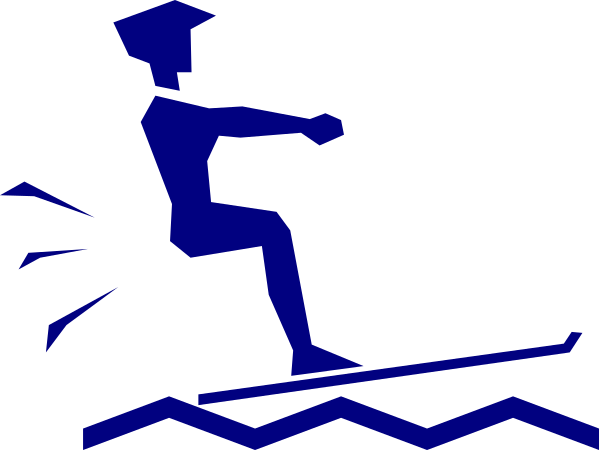 The image shows a black silhouette of an individual on water skis with blue waves around them against a dark background.