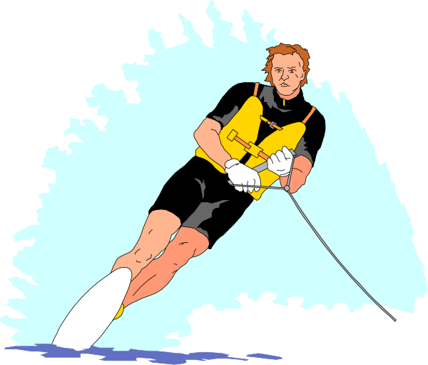 The image shows a man water skiing on blue waters with trees visible behind him; he is wearing black shorts and holding onto yellow ropes while standing upright in his skis.