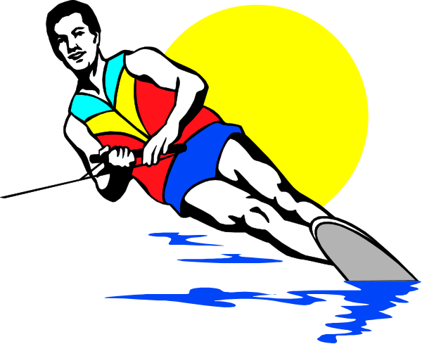 The image shows a cartoon of an athlete on water skis with outstretched arms at sunset against a blue sky background.