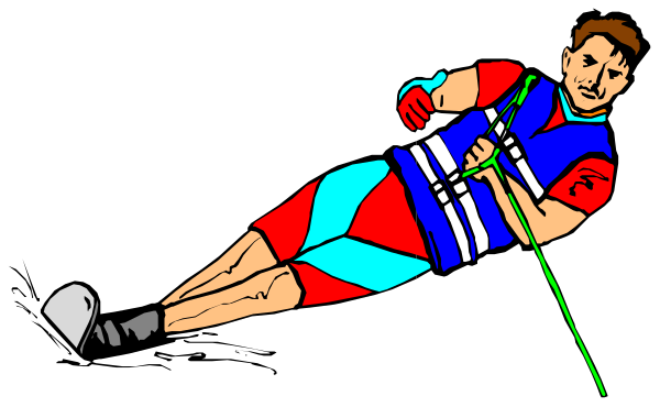 The image shows a person lying on their back with arms outstretched as if swimming underwater while wearing red shorts that have white stripes down each side; there is no visible water in this clip-art illustration, and it appears to be an abstract representation of someone playing volleyball or another similar sport.