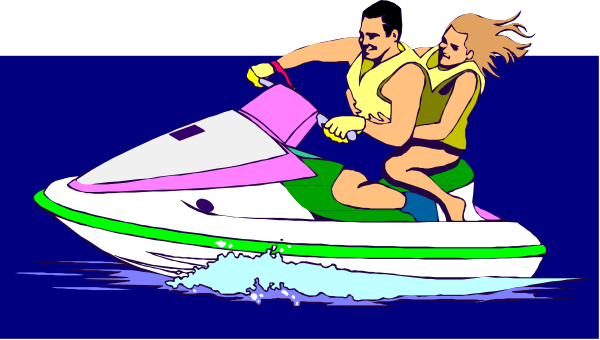 The illustration shows a man driving an aqua blue jet ski with a woman seated behind him on calm water under clear skies during daylight hours.