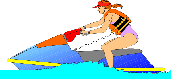 The image shows a person on water skis being towed by an orange boat with blue waves around it; there is no visible text in this clip-art illustration.