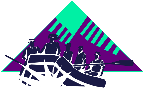 The image shows a group of three cartoon characters on an adventure trip with their boat at sea under a purple sky background.