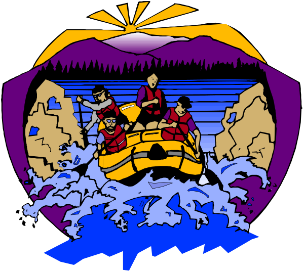 The image shows a cartoon depiction of three individuals on an inflatable raft navigating through rapids with mountains in the background under what appears to be sunny skies.