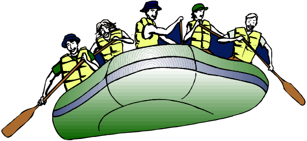 The image shows a group of six cartoon characters on an inflatable raft with paddles, navigating through water under what appears to be a bridge in a stylized outdoor scene.
