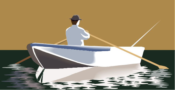The image shows a man fishing from an old boat on calm water with no visible landmarks; he is holding two poles in his hands while sitting at the back of the boat.