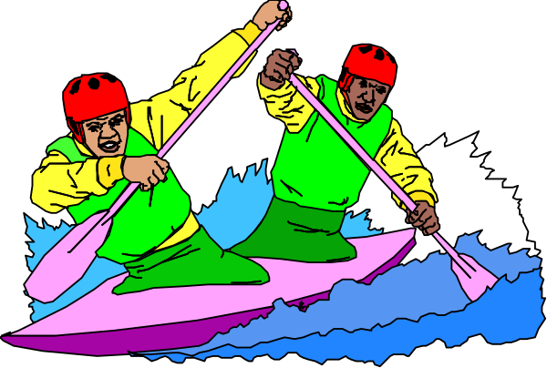 The image shows two men on a boat with paddles; both wear red life jackets over yellow shirts and green pants.
