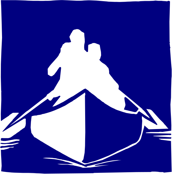The image shows a blue boat with two white silhouettes of individuals inside it on water against a dark background.