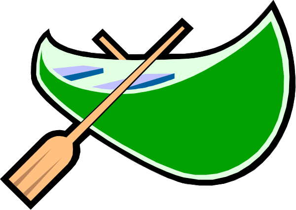 The image shows a black background with two green leaves on either side of an oval shape that resembles a leafy plant in profile view at top center; below this is a paddle-like object, possibly representing a shovel or similar tool, and to its right are three blue shapes arranged vertically.