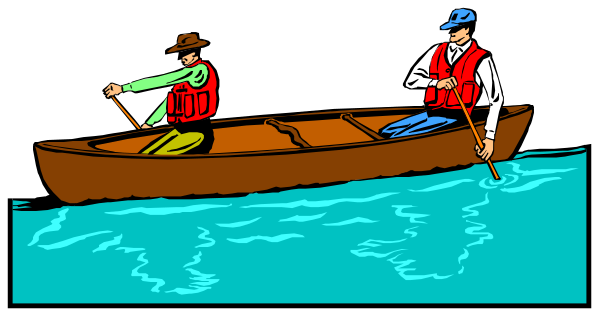 The illustration shows two men canoeing on a river with blue water under an overcast sky; both wear life jackets for safety while paddling their boat in tandem.
