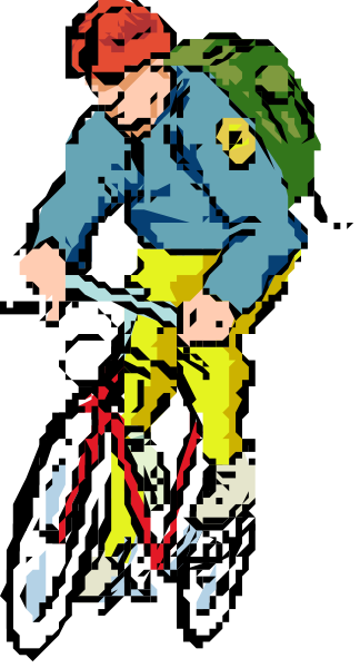 The image shows a cartoon of an adult male on a bicycle with yellow pants riding downhill while wearing a backpack.