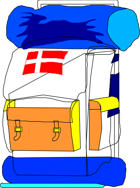 The image shows a cartoon of an orange backpack with various items on top: a blue flag, yellow luggage tags, black handlebars for carrying it like a suitcase, two brown straps to secure its contents, and what appears to be a small red book or notebook peeking out from the bottom.