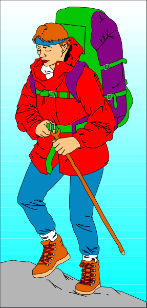 The illustration shows a person wearing an orange jacket with blue jeans carrying a backpack on their back while hiking uphill in front of mountains under clear skies.