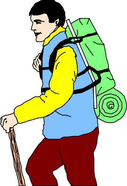 The image shows a man carrying an outdoor backpack with gear on his back while walking down what appears to be a pathway in nature during daylight hours.