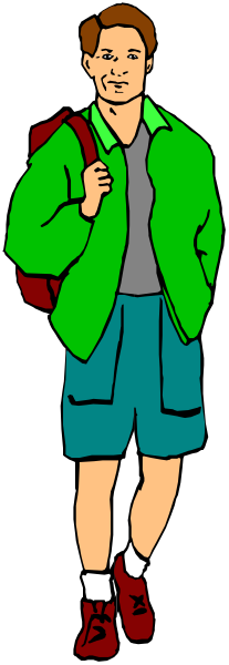 The image shows a cartoon of an animated character who appears to be male with brown hair wearing shorts standing against a gray background; he is holding what looks like a backpack on his back while looking slightly away from the viewer, and there's no text present in this clip-art style illustration.