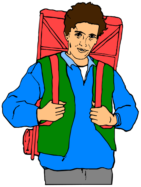 The illustration shows a cartoon of an adult male with brown hair wearing glasses standing outdoors holding two backpacks on his shoulders while smiling at something off-frame to the right side of the image.