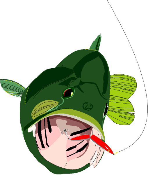 The image shows a cartoon fish with an open mouth revealing sharp teeth inside its head; it has green fins on top of its body and is colored in shades of blue-green.