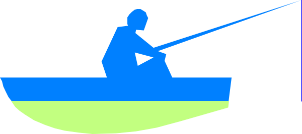 The image shows a person fishing from an overturned boat on water with greenish hues around it; there is no text present in this clip-art illustration.