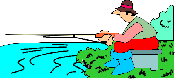 The image shows a cartoon of an adult man fishing on a riverbank at dusk with his dog sitting nearby watching him fish.